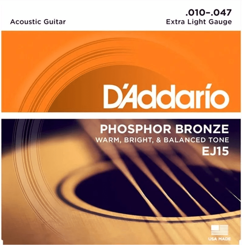 Encordoamento Violão Aço D'Addario Phosphor Bronze EJ15 Extra Light 010-047
