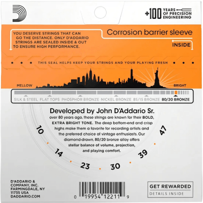 Encordoamento Violão Aço D'Addario EJ10 Extra Light 80/20 Bronze 010-047