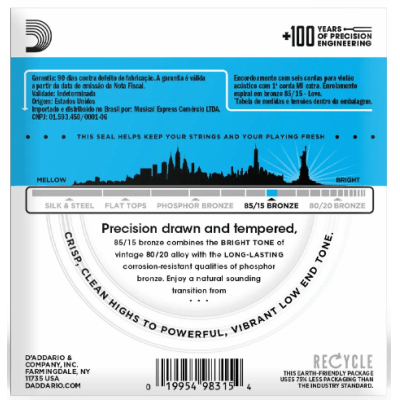 Encordoamento Violão Aço D'Addario EZ910 Light 85/15 Bronze 011-052