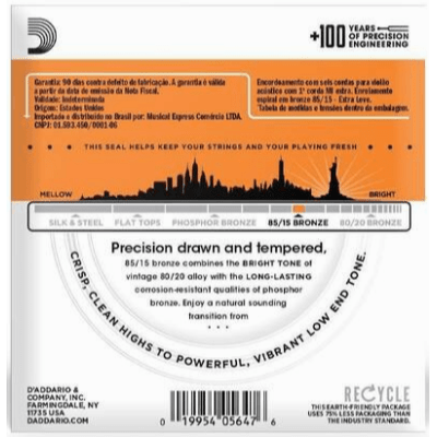 Encordoamento para Violão de Aço D'Addario EZ-900 85/15 Bronze Extra Leve .010 - .050 (Extra Light)