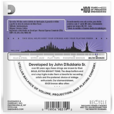 Encordoamento para Violão de Aço D'Addario EJ13 80/20 Bronze Medida .011 - .052 – Custom Ligh